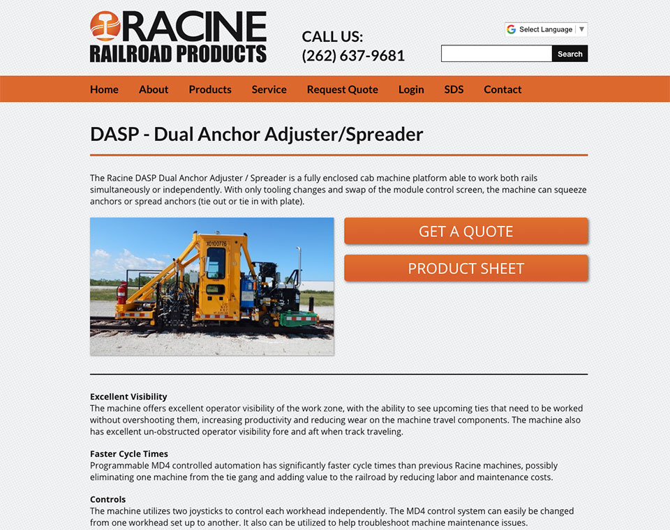 Racine Railroad Products Product Page
