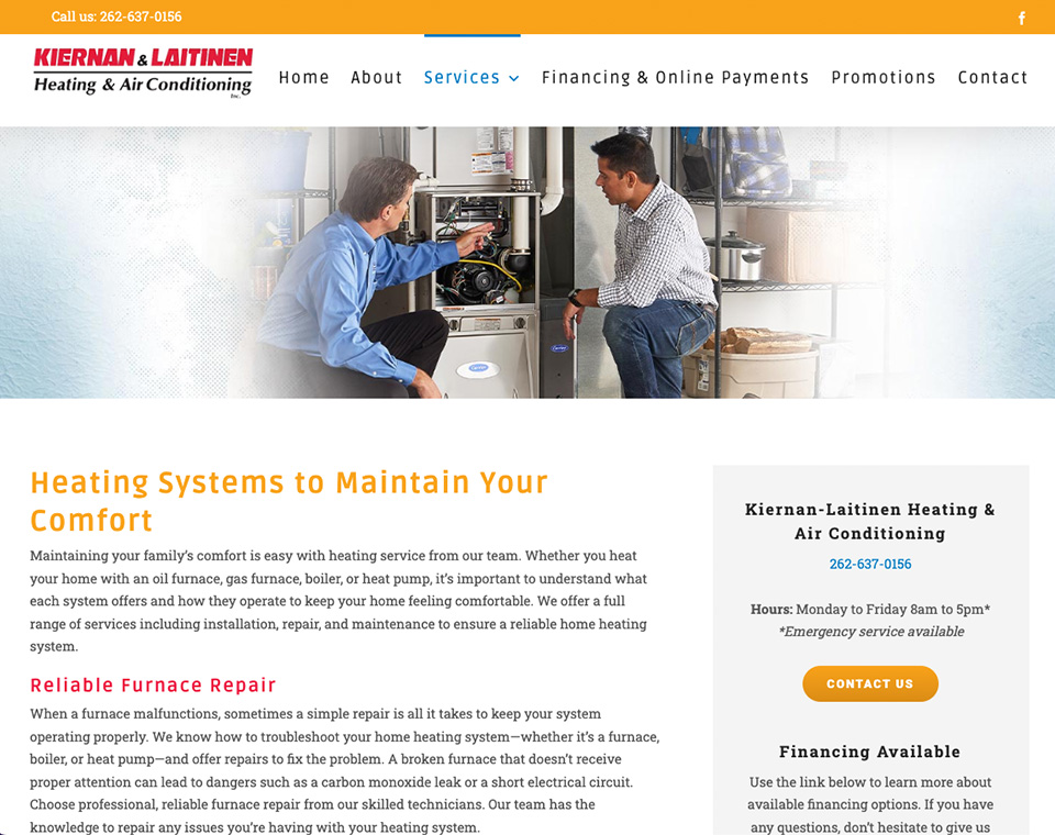 Kiernan-Laitinen Heating & Air Conditioning Services Page