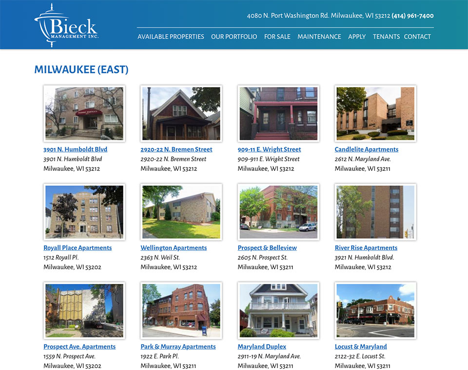 Bieck Management Property Listings Page