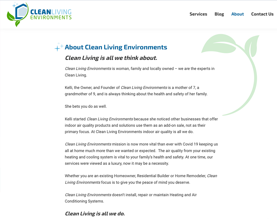 Clean Living Environments - About Page