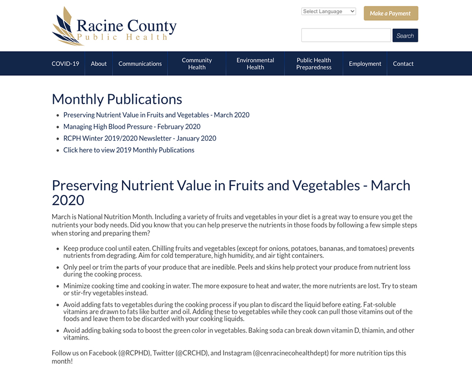 Racine County Public Health Interior Page