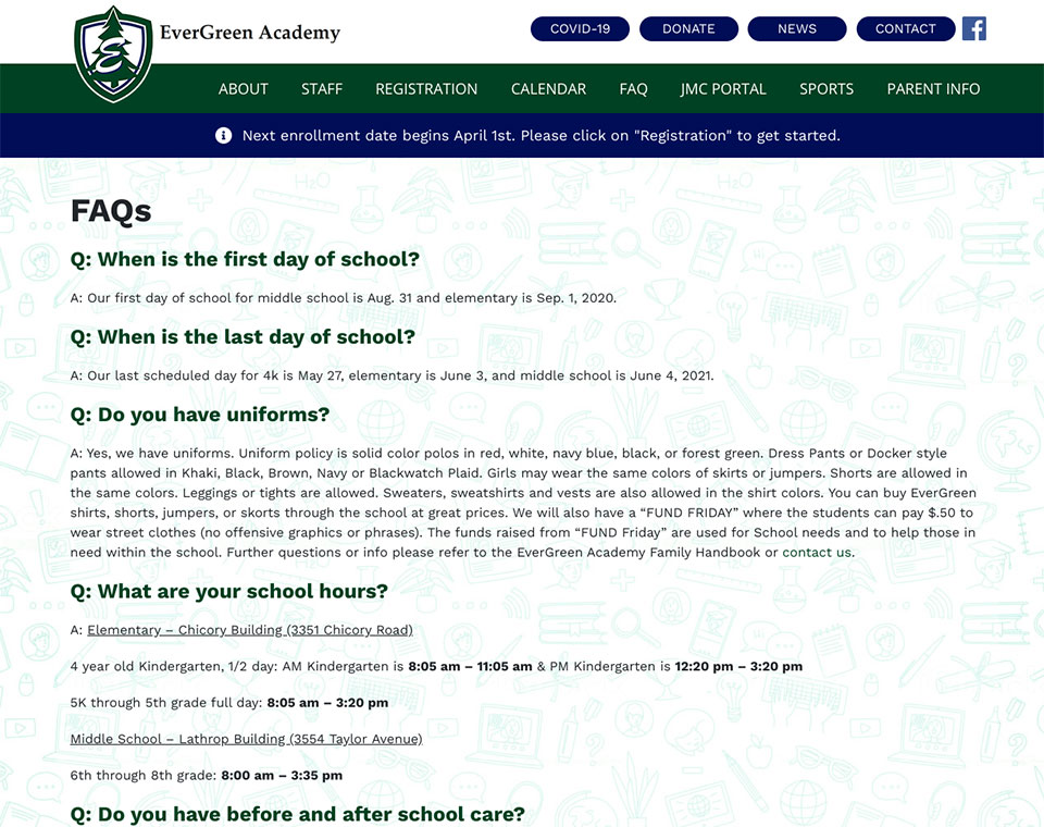 EverGreen Academy FAQs Pages