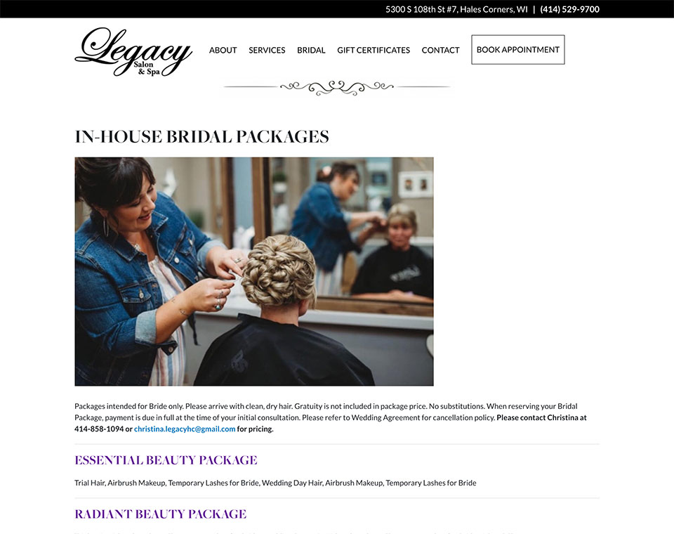 Legacy Salon Service Packages Page