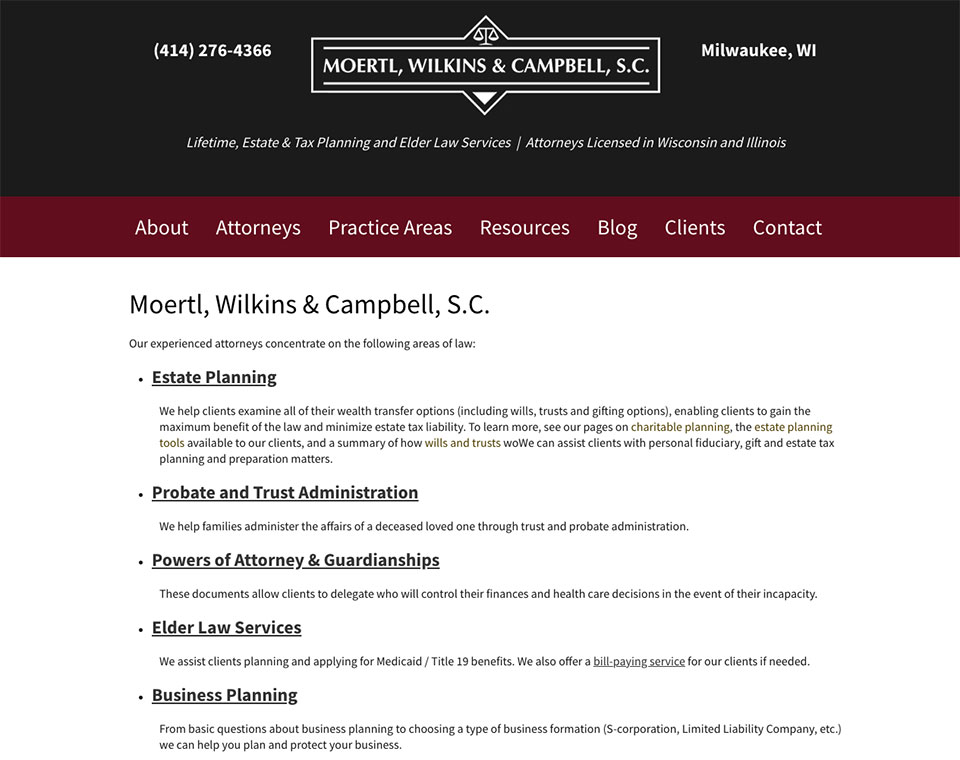 Moertl, Wilkins & Campbell, S.C. Practice Areas Page