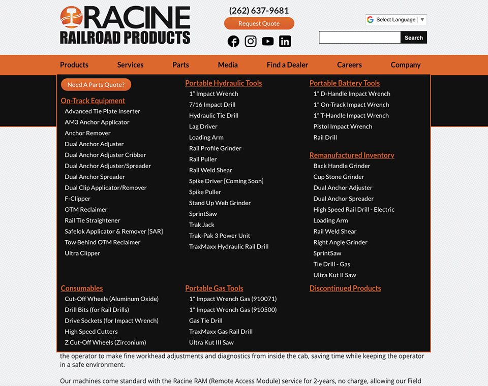 Racine Railroad Products - Menu