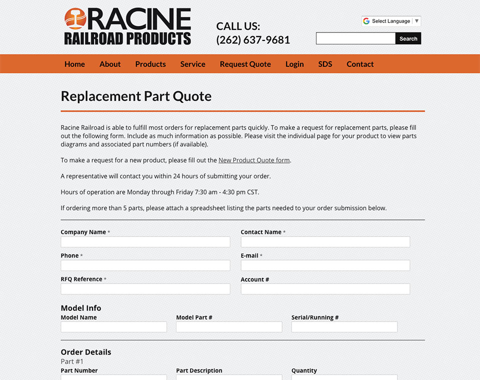 Racine Railroad Products Quote Form Page