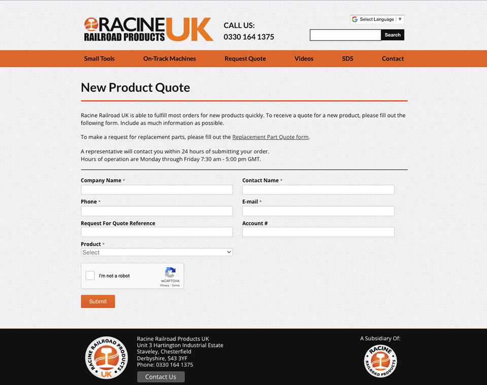 Racine Railroad Products UK - Quote Form