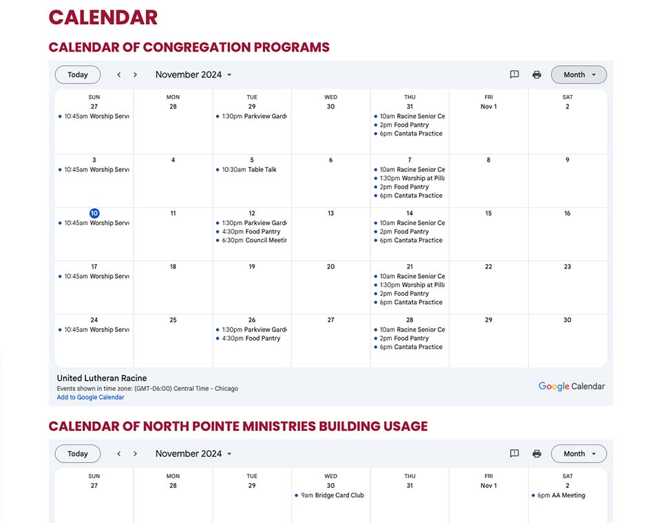 United Lutheran Church - Calendar Page