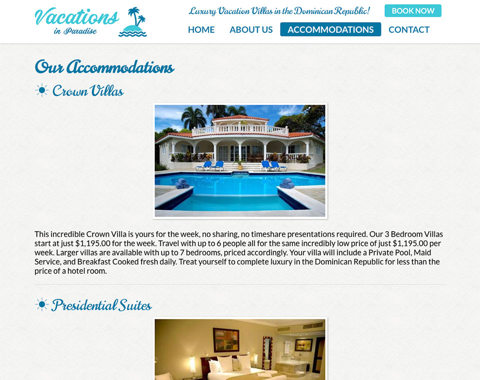 Vacations in Paradise Accommodations Page