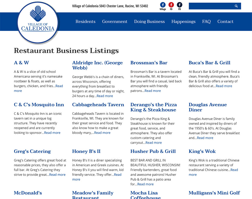 Village of Caledonia Restaurants Directory