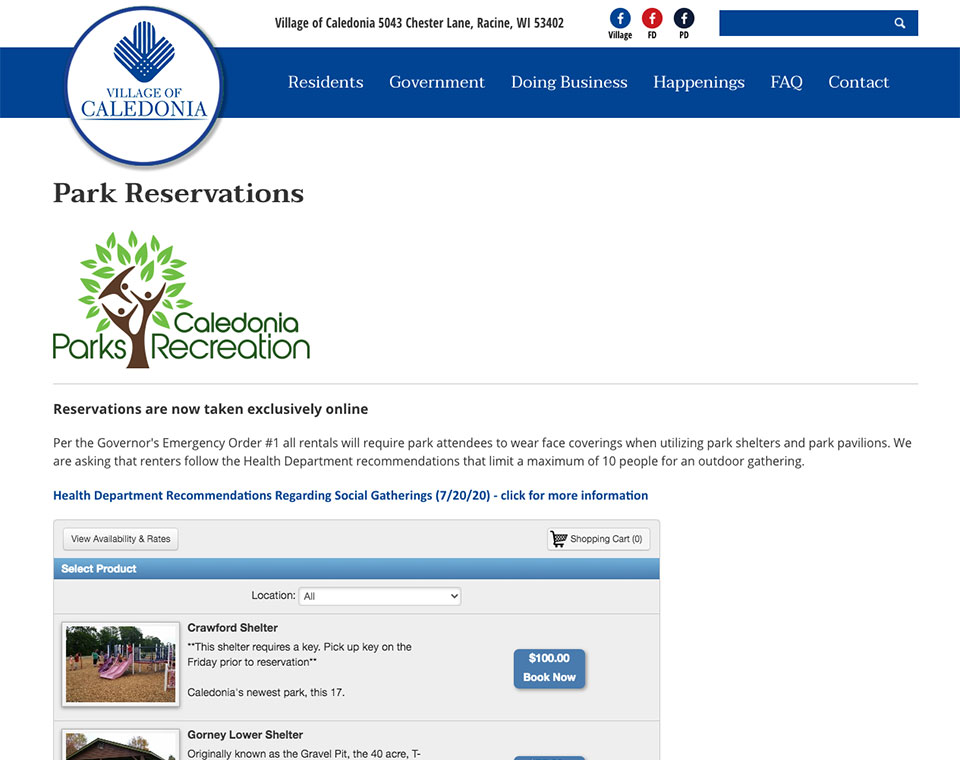 Village of Caledonia Park Reservations Page
