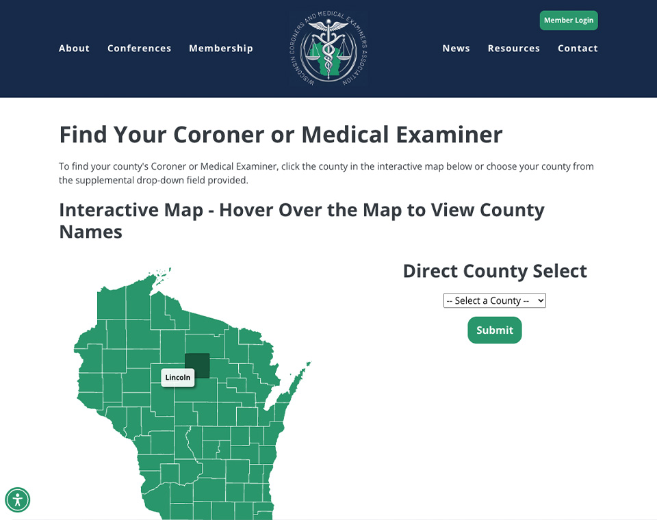 Wisconsin Coroners and Medical Examiners Association Find Coroner Page